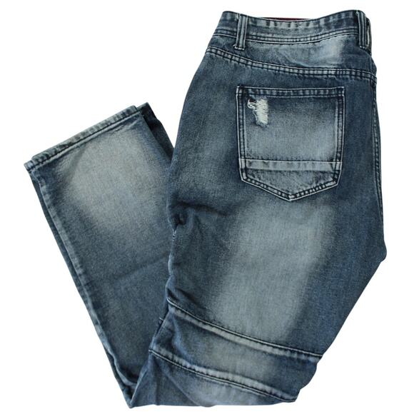 Contender Moto Jeans Men’s 42x34 Distressed Biker Denim Blue Wash - Picture 2 of 11
